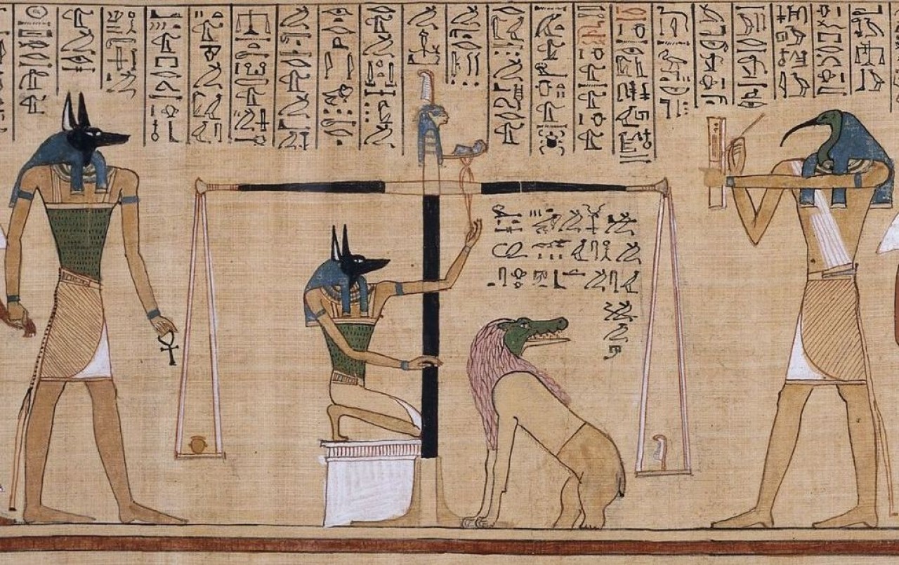 Psicostasia, part. dal Giudizio di Hunefer, Libro dei Morti, XIX dinastia 1275 a.C. ca.  Papiro dipinto, cm 45 x 90,5  The British Museum, Londra  (Creative commons)