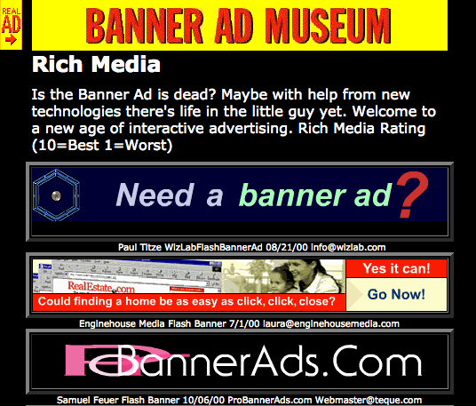 Banner pubblicitario con rich media archiviato dal Banner Ad Museum, 2001. Fonte: http://web.archive.org/web/20001017172752/http://www.banneradmuseum.com/Galleries/richmedia.html