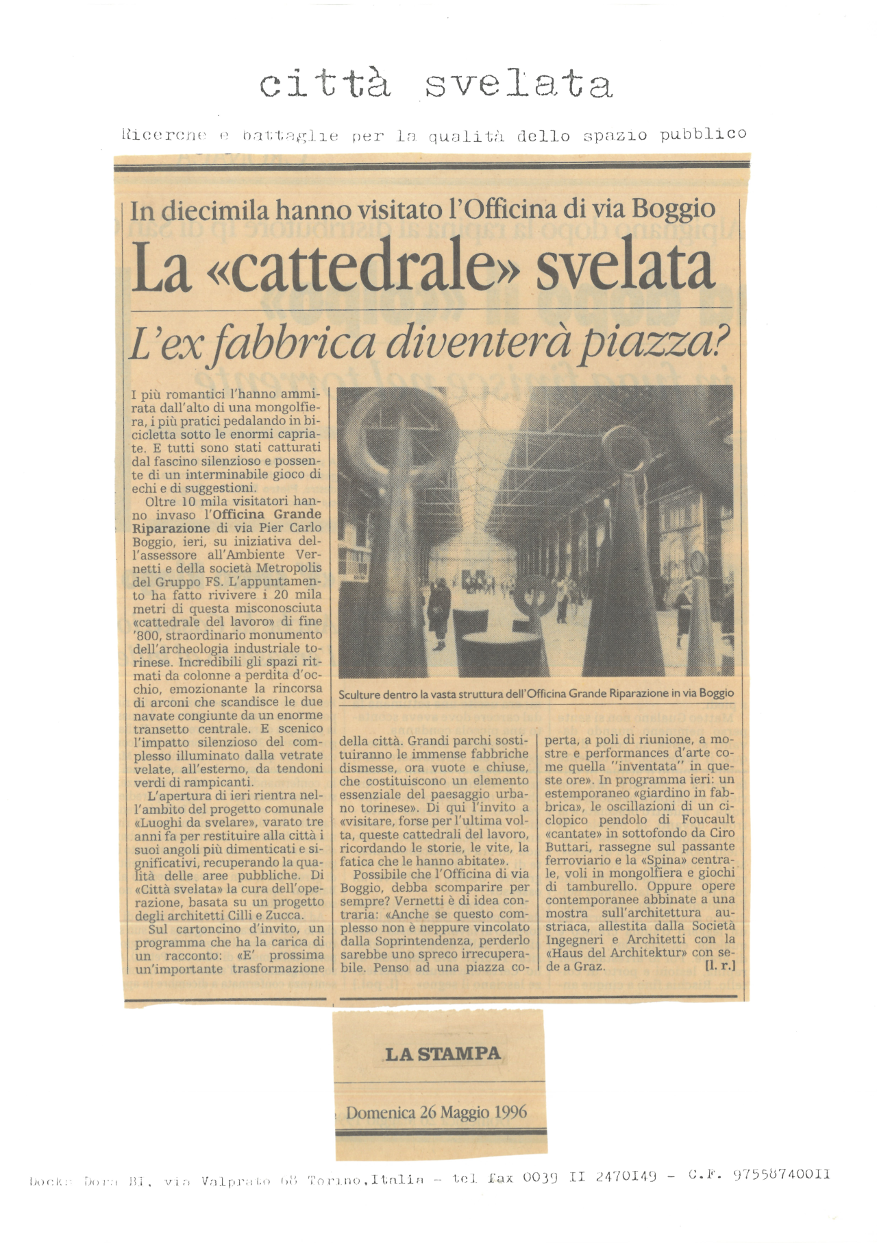 Rassegna stampa – Flyer Città svelata, FABBRICHE, ABITARE le OGR, MAPPA dell'installazione, Torino 25 maggio 1996